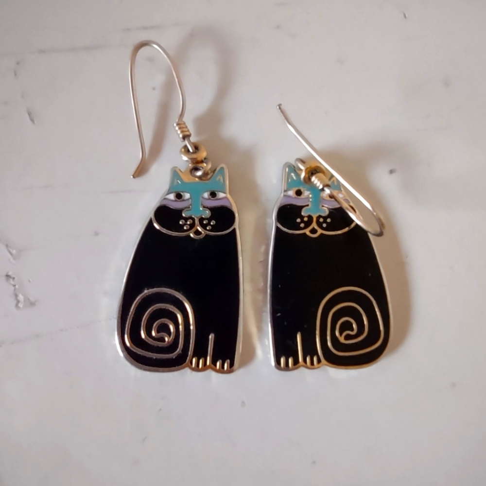 Vtg 80s Laurel Burch cloisonne Olivia cat earrings